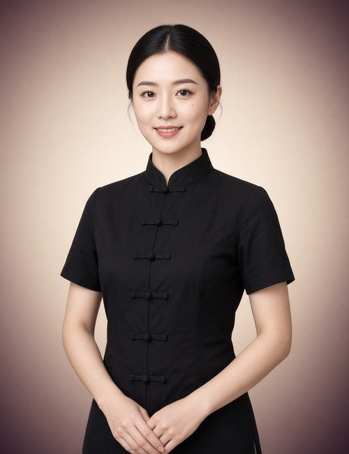 Chinese female massage therapist in a black mandarin-collar uniform, Asian Mobile Massage LV