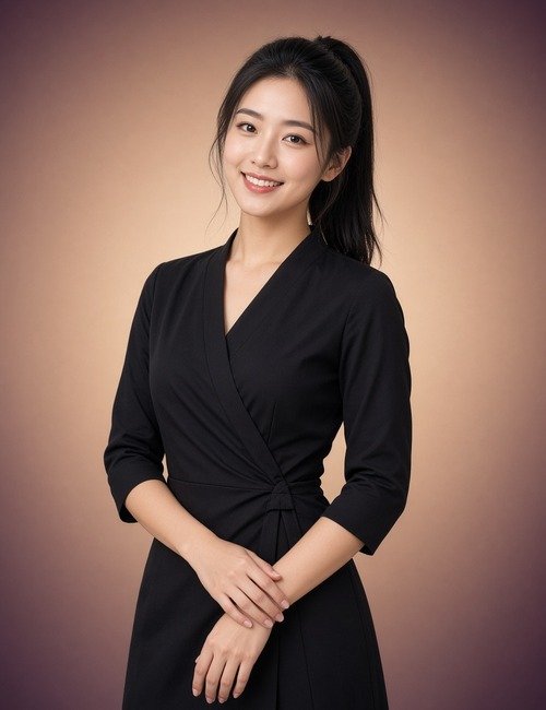Smiling Chinese female massage therapist in a black wrap dress with her hair in a ponytail