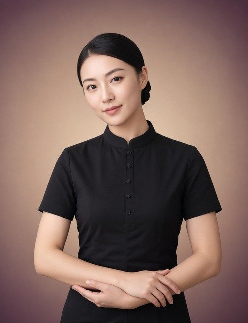 Chinese female massage therapist in a black button uniform with her hair in a neat chignon