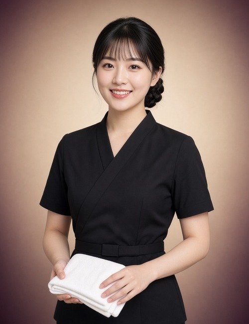 Chinese female massage therapist in a black uniform holding a folded white towel