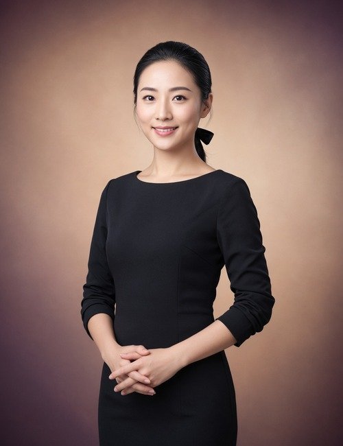 Chinese female massage therapist in a black sheath dress with her hair tied back