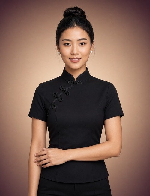 Chinese female massage therapist in a black qipao-style uniform top with pearl earrings