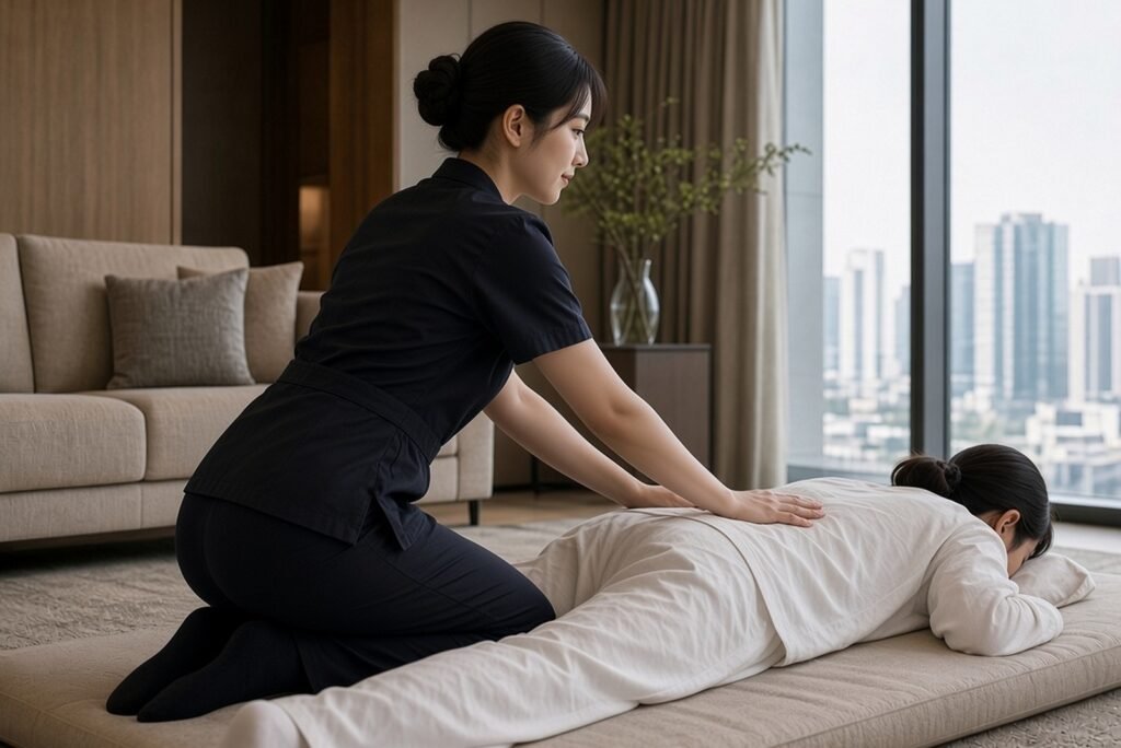 Young East Asian female therapist giving a shiatsu massage on a floor mat in a Las Vegas hotel suite living room