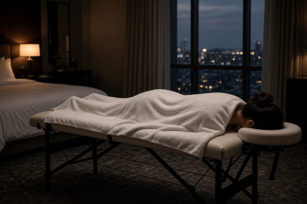 Woman draped in towels on a portable massage table in her hotel suite at night during a female therapist's visit